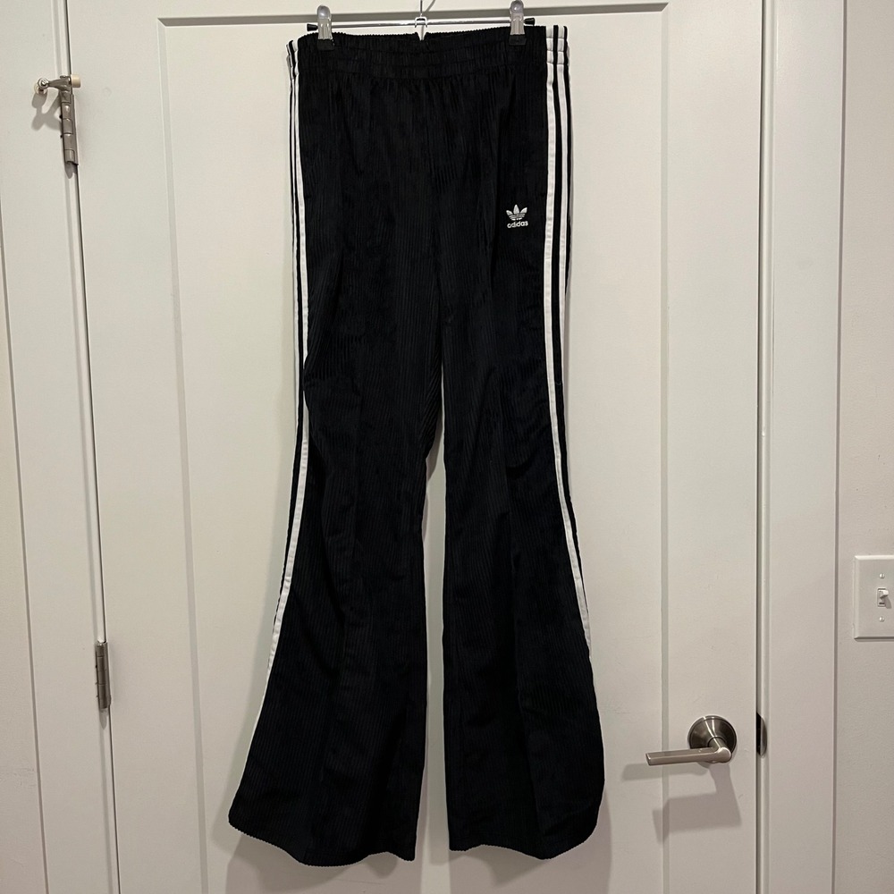 Adidas Originals Black Corduroy Wide Leg Three Stripe Track Pants Womens Medium
